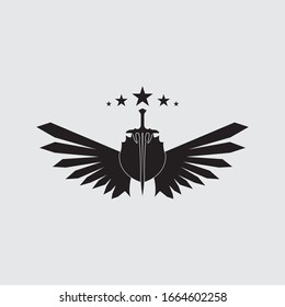 La espada alada con el icono del vector escudo.