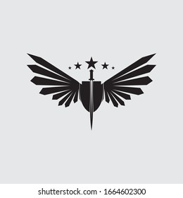 La espada alada con el icono del vector escudo.