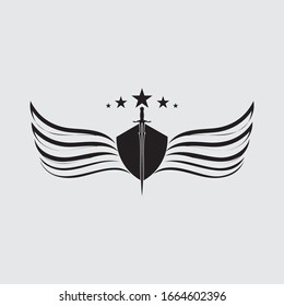 Das geflügelte Schwert mit Schild Vektorillustration Symbol.