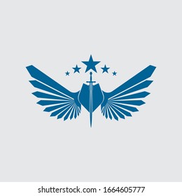 La espada alada con el icono del vector escudo.