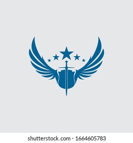 La espada alada con el icono del vector escudo.