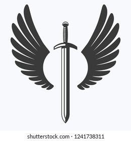 The winged sword silhouette vector icon.