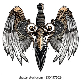 Winged sword. Tattoo sword vector illustration