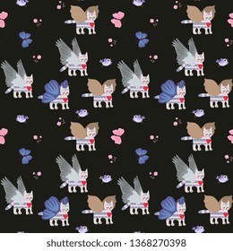 Winged tabby kittens, little flowers and blue butterflies on black background seamless pattern for children.