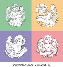 Winged Tetramorph Icons of the Four Evangelists: human, lion, bull, eagle, Vector Illustration