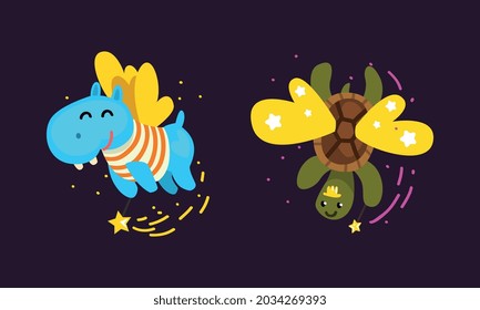 Winged Turtle and Hippo Flying with Magic Wand as Fairy or Pixie Vector Set