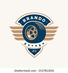 Plantilla de logotipo de neumáticos alados. Elemento de ilustración vectorial de estilo vintage para etiqueta de diseño retro. Adecuado para garaje, tiendas, neumáticos, lavado de coches, restauración, reparación y carreras. Diseño de logotipo de garaje