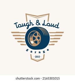 Logo-Vorlage für Flügelreifen. Vintage-Stil Vektorgrafik-Element für Retro-Design-Label. Geeignet für Garage, Geschäfte, Reifen, Autowaschen, Autorestaurierung, Reparatur und Rennen. Design des Garage-Logos