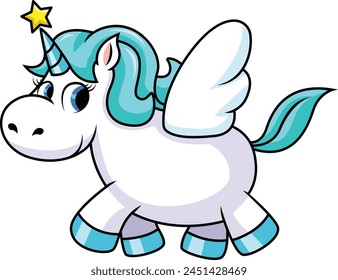 Winged unicorn with little yellow star vector illustration