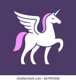 Winged unicorn logo vector illustration. Stylized mythical creature silhouette.