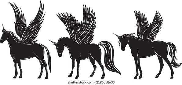 winged unicorn silhouette isolated, vector