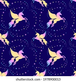 Winged unicorn and stars seamless pattern. Silhouette of a flying unicorn on the starry sky. Rainbow silhouette on a dark background. Pattern isolated from the background. Vector pattern.