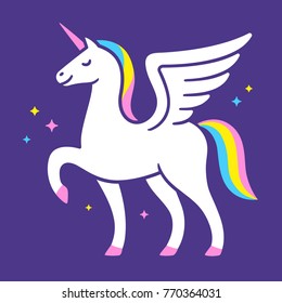 Winged unicorn vector illustration. Cute cartoon fairy tale horse with rainbow sparkles.