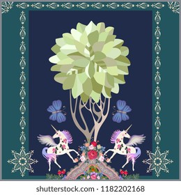 Winged unicorns, big butterflies, tree of life and luxury floral ornament on dark blue background in vector. Naive art. Greeting or invitation card, carpet, tile.