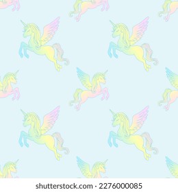 Winged unicorns fly across the sky. Seamless pattern.
