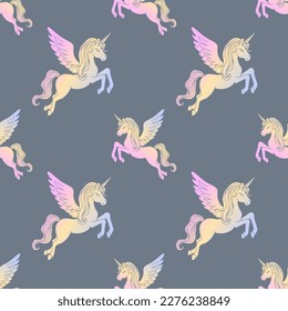 Winged unicorns with their eyes closed fly across the sky. Seamless pattern on a gray background.