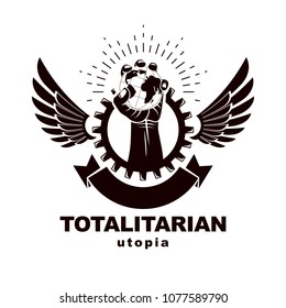 Winged vector emblem composed with raised fist holding Earth planet symbol surrounded with cog wheel circle. Proletarian social revolution abstract symbol.