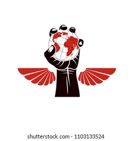 Winged vector emblem composed with raised clenched fist composed with Earth illustration. Authority as the means of global control and manipulation