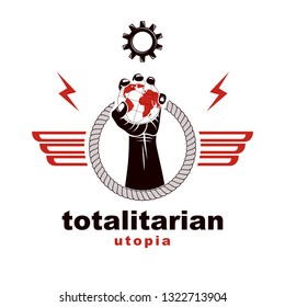 Winged vector emblem composed with raised clenched fist composed with Earth and gearwheel illustration. No limits and restrictions concept.