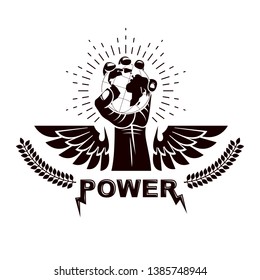 Winged vector emblem composed with raised clenched fist composed with Earth illustration. Authority as the means of global control and manipulation