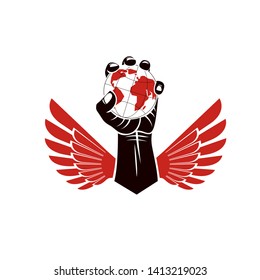 Winged vector emblem composed with raised clenched fist composed with Earth illustration. Authority as the means of global control and manipulation