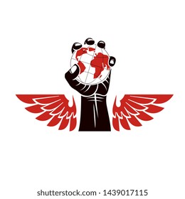 Winged vector emblem composed with raised clenched fist composed with Earth illustration. Authority as the means of global control and manipulation