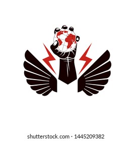 Winged vector emblem composed with raised clenched fist composed with Earth illustration. Authority as the means of global control and manipulation