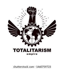 Winged vector emblem composed with raised fist holding Earth planet symbol surrounded with cog wheel circle. Proletarian social revolution abstract symbol.