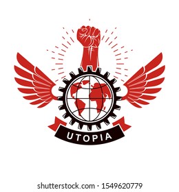 Winged vector emblem composed with raised fist holding Earth planet symbol surrounded with cog wheel circle. Proletarian social revolution abstract symbol.
