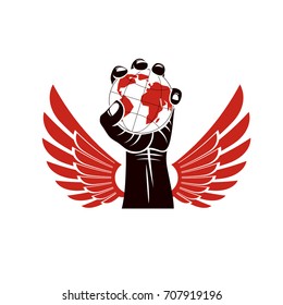 Winged vector emblem composed with raised clenched fist composed with Earth illustration. Authority as the means of global control and manipulation