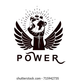 Winged vector emblem composed with raised clenched fist composed with Earth illustration. Authority as the means of global control and manipulation