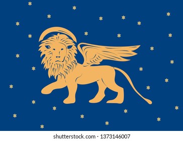 Winged Venetian Lion of Saint Mark or San Marco as a symbol of Venice Republic and region of Veneto vector illustration. The Winged Lion of Venice with stars.