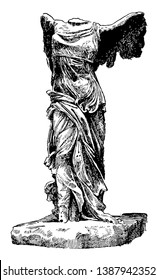 Winged Victory of Samothrace is a marble sculpture, vintage line drawing or engraving illustration.