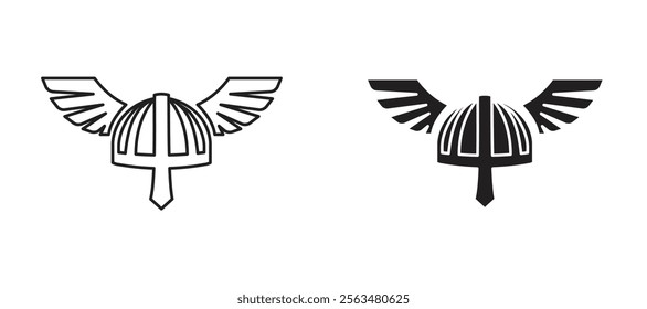 Winged viking helmet icons in outline and fill. vector illustration for ui.