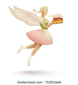 Winged waitress is flying to deliver some mugs of beer. Bavarian fairy, Valkyrie or elf.  Female figurine with dirndl of vintage colors. Cute mascot for competitions of the best pub nippy, stewardess.