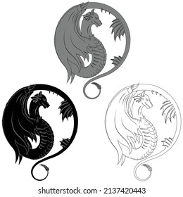 Winged western dragon silhouette vector design, white background
