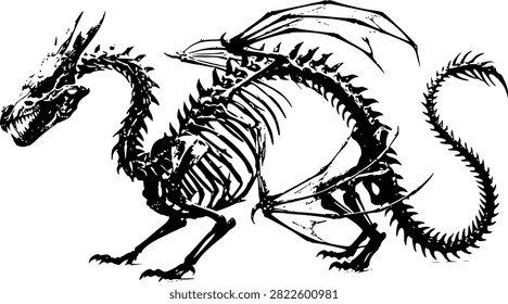 a winged western dragon skeleton. Featuring a detailed dark skeletal structure, sharp spine, curved horns, and leathery wings with a distressed grunge ink texture.