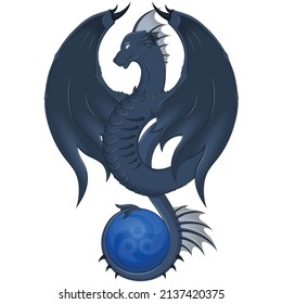 Winged western dragon vector design with tomoe symbol