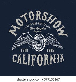  Winged Wheel. Hand crafted retro vintage  drawn design. Original handmade textured painted lettering type on navy background. Authentic handmade  art goods, vector illustration.