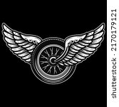 Winged wheel in monochrome style. Design element for logo, label, sign, emblem. Vector illustration