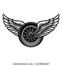 Winged wheel in monochrome style. Design element for logo, label, sign, emblem. Vector illustration