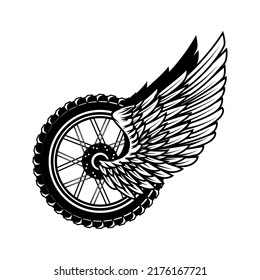 Winged wheel in monochrome style. Design element for logo, label, sign, emblem. Vector illustration