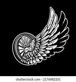 Winged wheel in monochrome style. Design element for logo, label, sign, emblem. Vector illustration