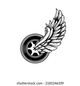 Winged wheel in monochrome style. Design element for logo, label, sign, emblem. Vector illustration