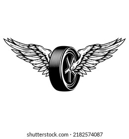 Winged wheel in monochrome style. Design element for logo, label, sign, emblem. Vector illustration