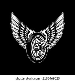 Winged wheel in monochrome style. Design element for logo, label, sign, emblem. Vector illustration