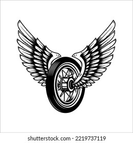 Winged wheel in monochrome style. Design element for logo, label, sign, emblem. Vector illustration