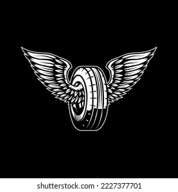 Winged wheel in monochrome style. Design element for logo, label, sign, emblem. Vector illustration