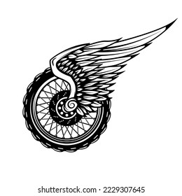 Winged wheel in monochrome style. Design element for logo, label, sign, emblem. Vector illustration