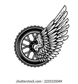 Winged wheel in monochrome style. Design element for logo, label, sign, emblem. Vector illustration